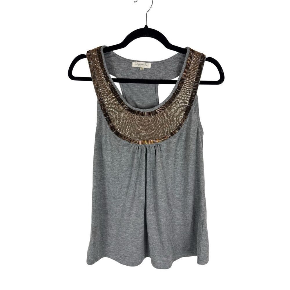 Sugar lips grey tank with brown / gold beaded neckline - size s
